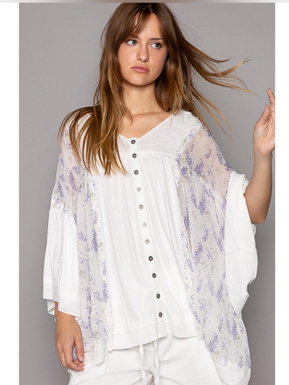 POL Enchanted Lilacs Flora Breeze Mixed Hoodie Floral Sheer Button-Front Top -S